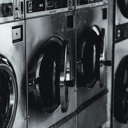 grayscale photo of washing machine