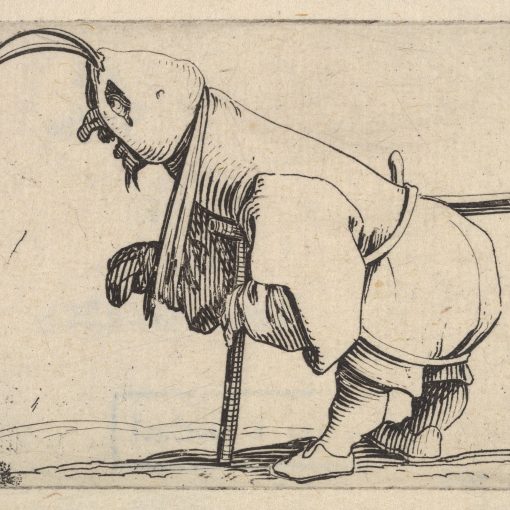 Hooded small figure hunched over a crutch, in profile view with left leg positioned forward and sword affixed to right hip, from the series 'Varie figure gobbi'