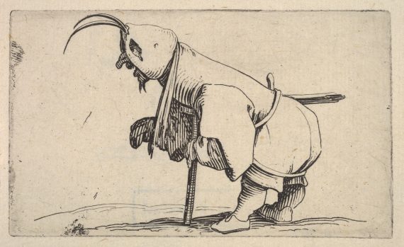 Hooded small figure hunched over a crutch, in profile view with left leg positioned forward and sword affixed to right hip, from the series 'Varie figure gobbi'