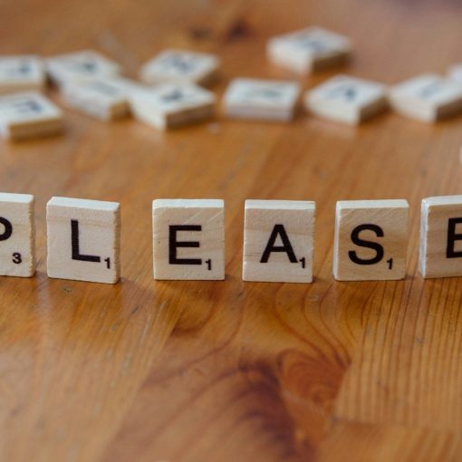 A close up of a wooden block spelling please